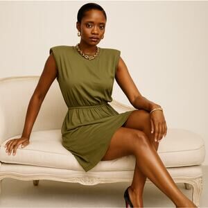 FEDERICA TOSI Sleeveless Padded Cotton Mini Dress Olive Green Sz 44/L $560 {S42}